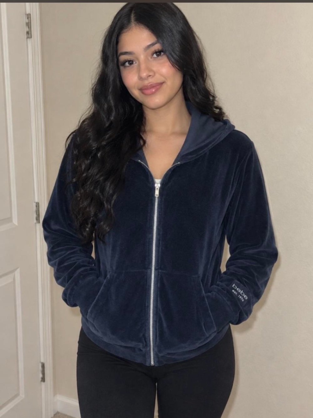 bebe Navy Velour Full-Zip Hoodie
Size M